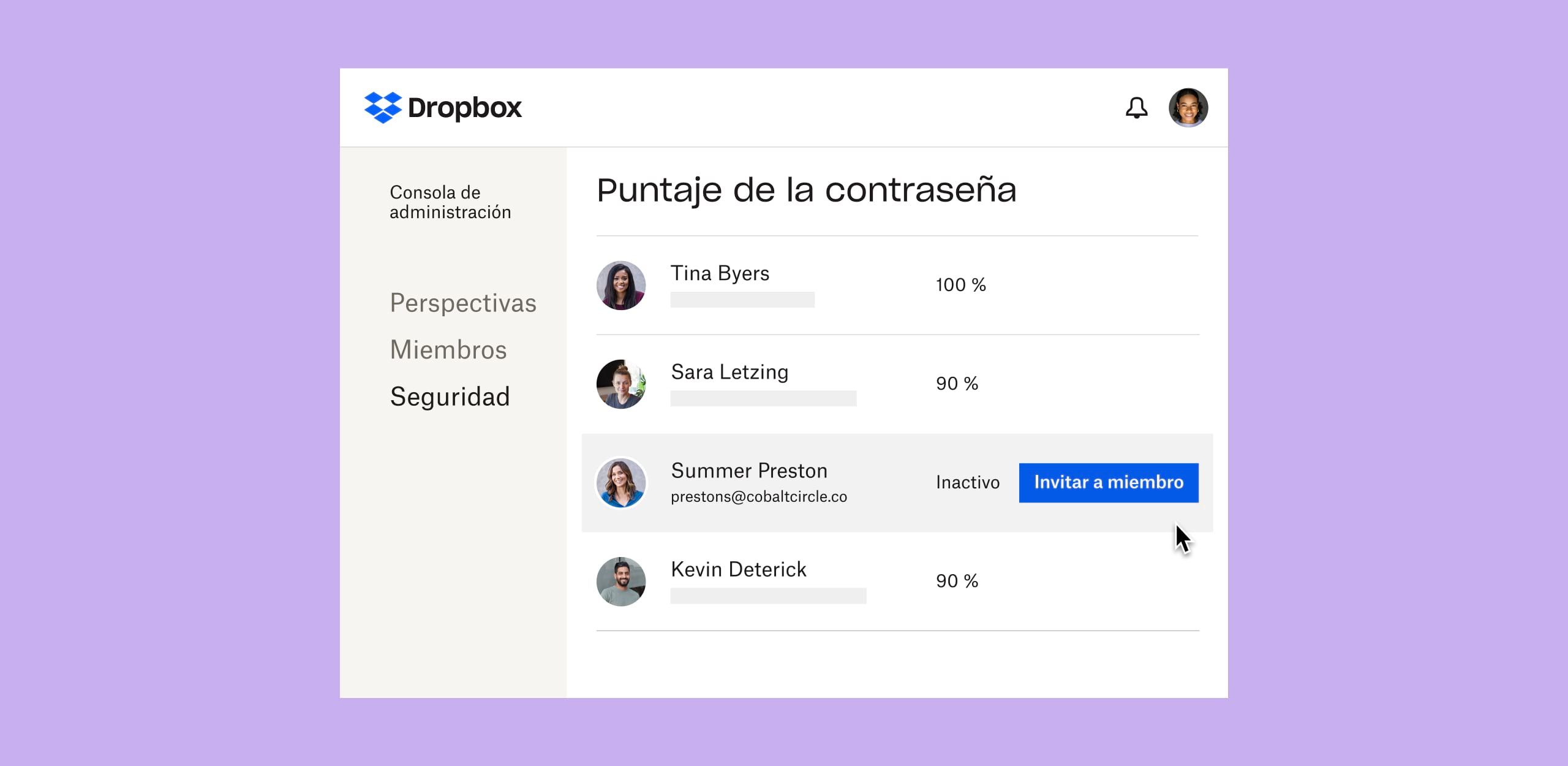 Una interfaz de Dropbox que muestra la seguridad de las contraseñas de los usuarios y un botón azul que dice "Invitar a miembros" junto a un perfil de usuario inactivo